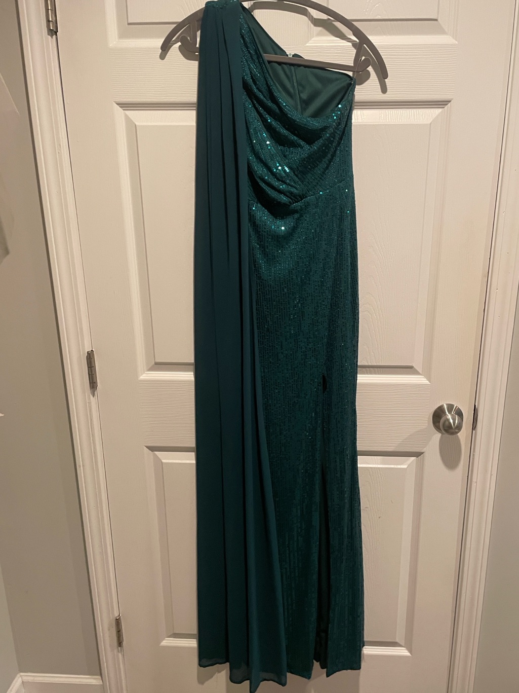 Dark Green Sequin Gown With Silk Sash